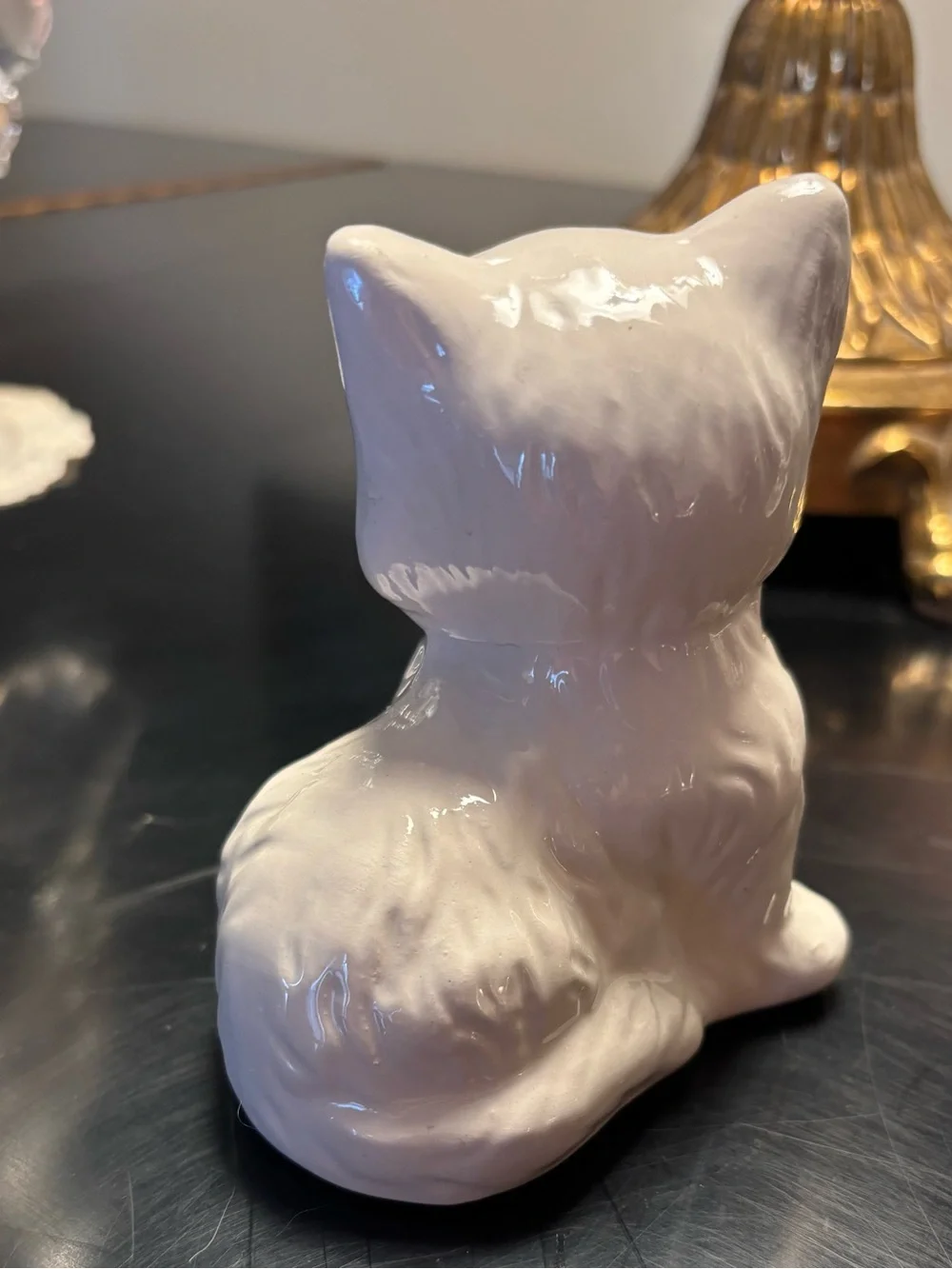 Vintage White Ceramic Cat Figurine with Pink Accents Blue Eyes